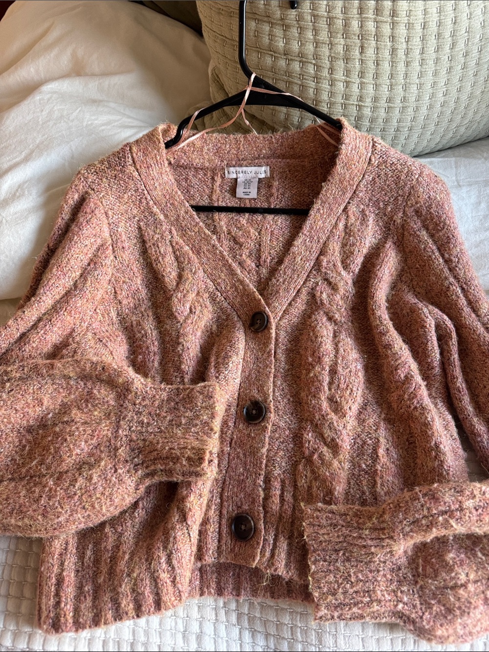 Sincerly Jules Heathered Rose Cable-Knit V-Neck Button Cardigan